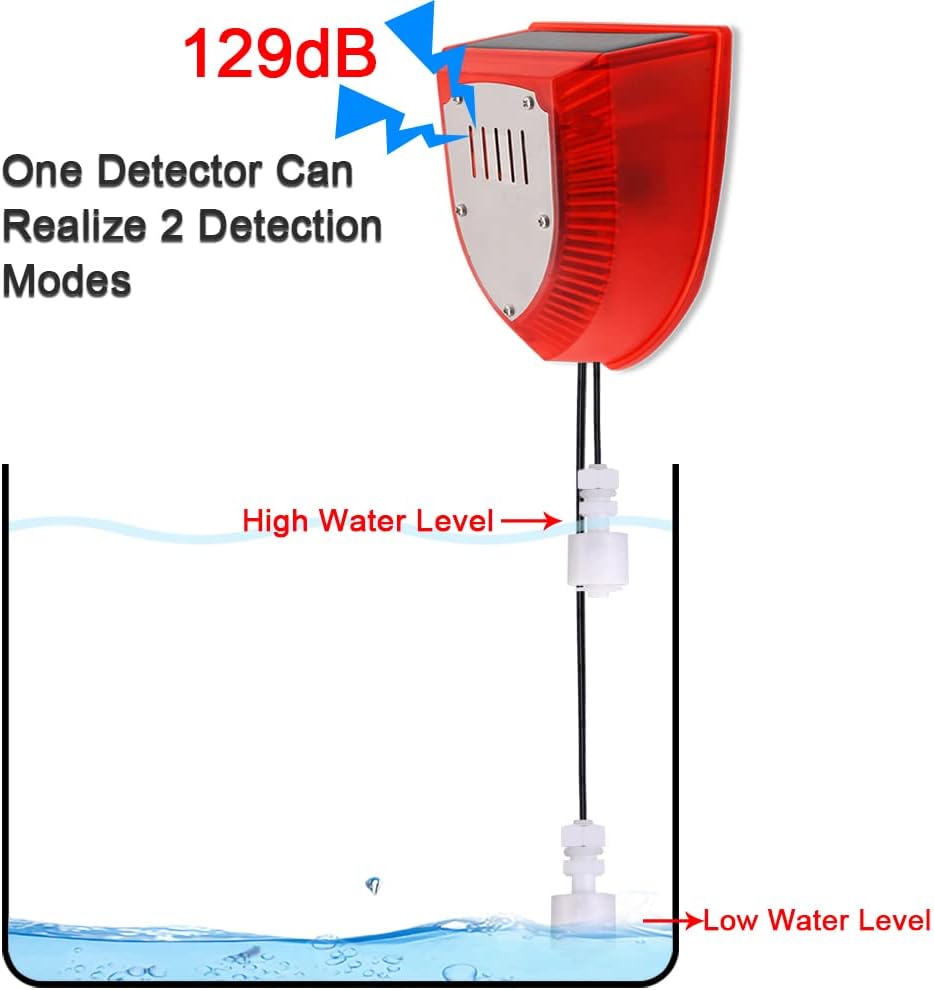High / Low Water Level Sensor Detector Alarm 120 dB Red Strobe Siren, Adjustable Alarm Volume, Sump Bobber Water leak Sensor,16.4ft Probe Cord, Suitable for Water Tank/Aquarium, Swimming Pool/Basement