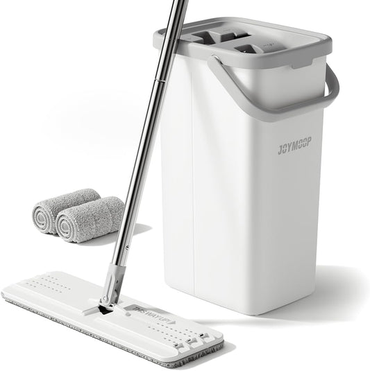 JOYMOOP Mop and Bucket with Wringer Set, Hands Free Flat Floor Mop and Bucket, 60" Mop with 3 Reusable Microfiber Pads, Wet and Dry Use, Floor Cleaning System