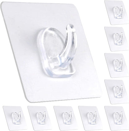 Adhesive Hooks, Heavy Duty Utility Hooks 20 lb(Max) Waterproof and Oilproof Removable, Clear Seamless Hooks Reusable Wall Hook for Kitchen Bathroom Bedroom Office - 10 Pack