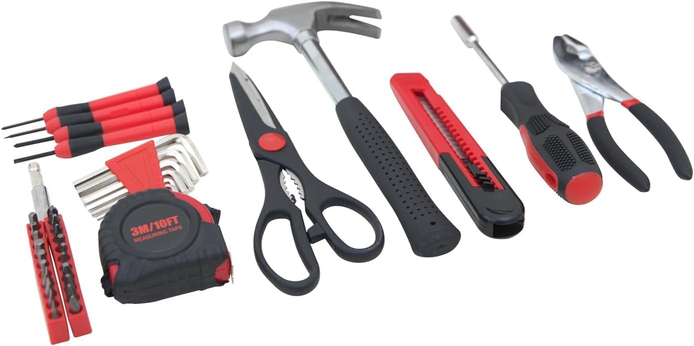 39-Piece Household Tools Kit - Portable and Essential Repair Set Ideal for Women, College Students, Home Use & More (39p-Pink)