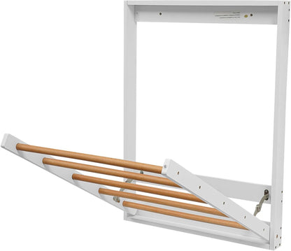 Wall Mounted Clothes Drying Rack, Foldable Wooden Laundry Dryer Rack for Indoor Use, Space Saving Drop-Down Design with Retractable Rods for Bathroom & Laundry Room (White)