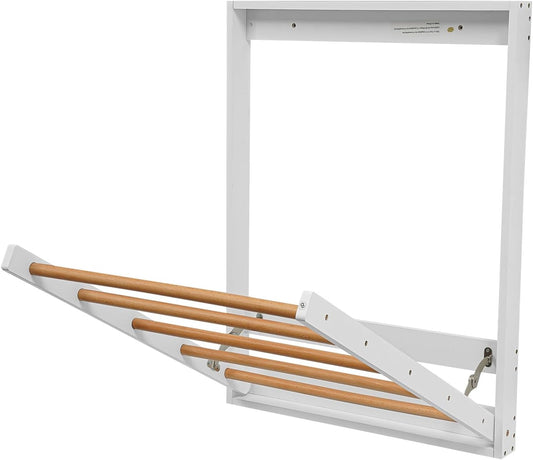 Wall Mounted Clothes Drying Rack, Foldable Wooden Laundry Dryer Rack for Indoor Use, Space Saving Drop-Down Design with Retractable Rods for Bathroom & Laundry Room (White)