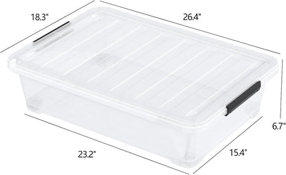 40 Quart Plastic Clear Underbed Storage Bin with Wheels, 3 Packs | Stackable Large Flat Under Bed Organization Boxes with Lids