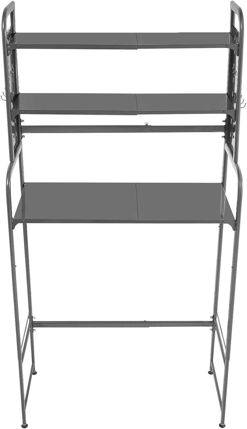 Over Washer and Dryer Shelves,3 Tiers Laundry Room Storage Organization Clothes Drying Rack,Adjustable Height Laundry Room Standing Shelf with Hanger Guard Rail&Hook,Space Saving Shelf (Gray)