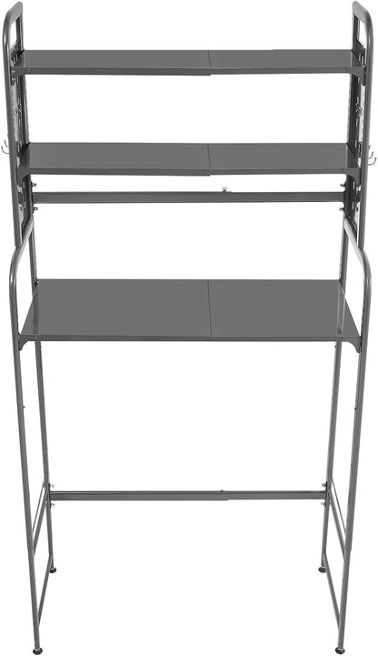 Over Washer and Dryer Shelves,3 Tiers Laundry Room Storage Organization Clothes Drying Rack,Adjustable Height Laundry Room Standing Shelf with Hanger Guard Rail&Hook,Space Saving Shelf (Gray)