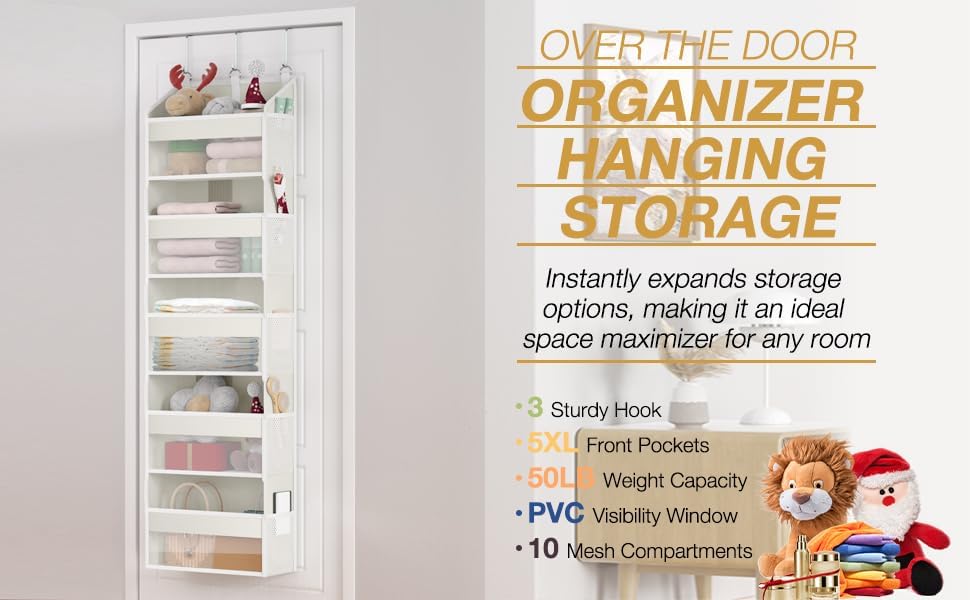Over the Door Organizer with 5 Front & 10 MeshSide Pockets, 50LB Capacity Extra Large Nursery & Bathroom Hanging Storage Organizer Multi-Room Space-Saving Designwith 3 Hook for Kitchen, Pantry,Grey