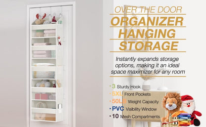 Over the Door Organizer with 5 Front & 10 MeshSide Pockets, 50LB Capacity Extra Large Nursery & Bathroom Hanging Storage Organizer Multi-Room Space-Saving Designwith 3 Hook for Kitchen, Pantry,Grey