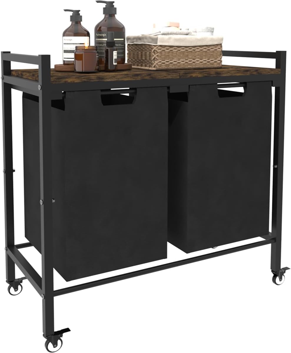 10 x 3 Gal Large Laundry Hamper with 3 Pull-Out & Removable Sorter Bags, Freestanding Clothes Basket Organizer for Clothing or Toys in Bathroom and Living Room, Rustic Brown and Black