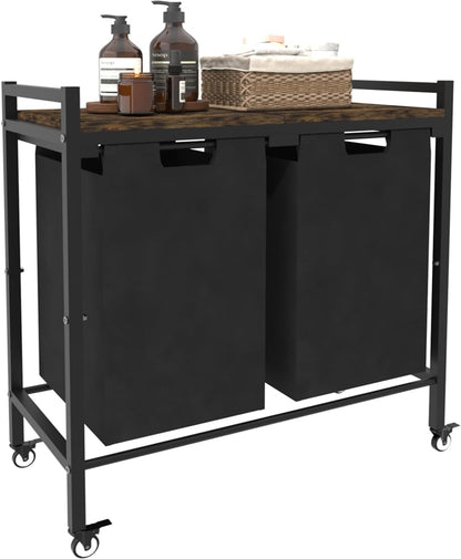 10 x 3 Gal Large Laundry Hamper with 3 Pull-Out & Removable Sorter Bags, Freestanding Clothes Basket Organizer for Clothing or Toys in Bathroom and Living Room, Rustic Brown and Black