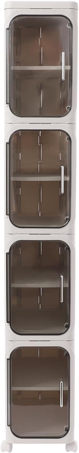 4-Tier Stackable Narrow Storage Cabinet with Wheels and Doors,Slim Plastic Rolling Cart with Adjustable Shelves,Foldable Floor Cabinets for Small Space, Bathroom,Kitchen,Beige