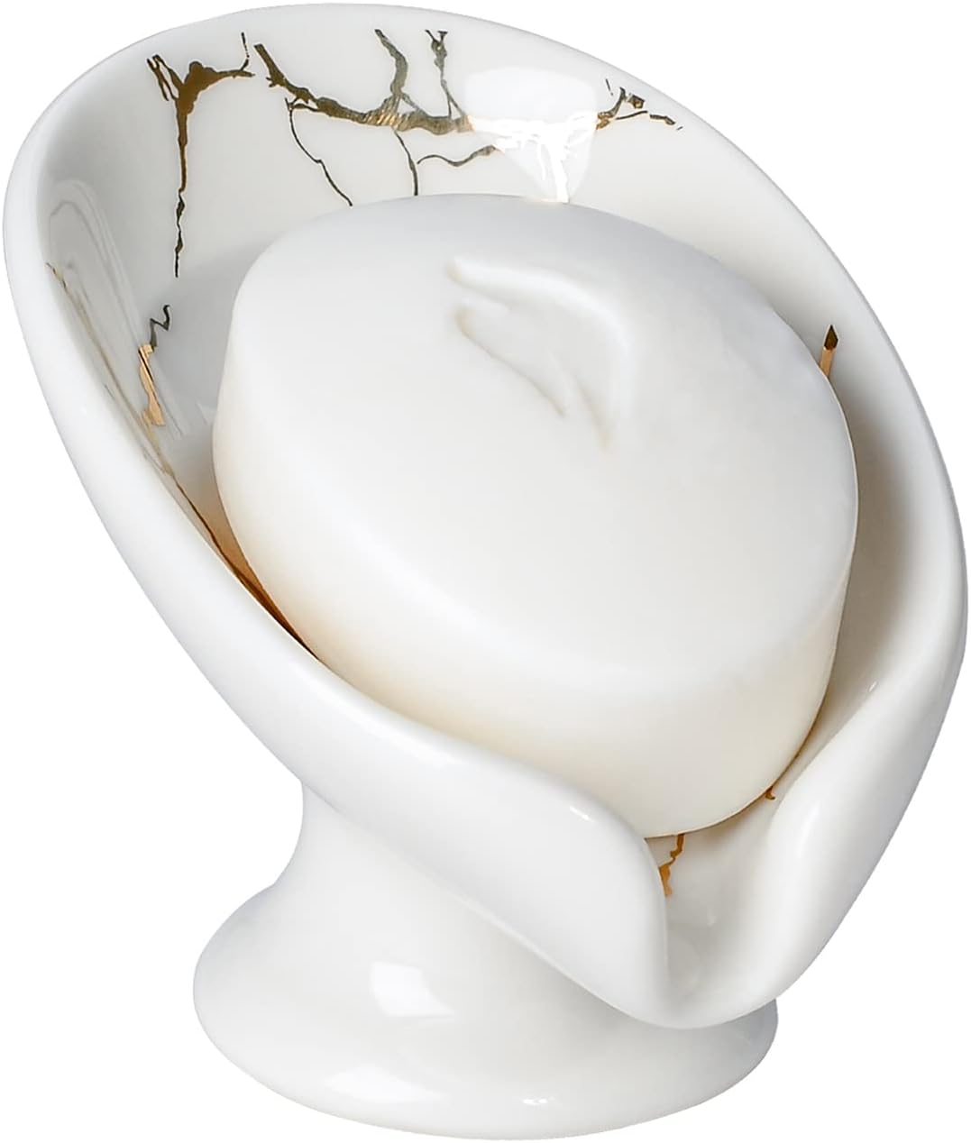 Small Soap Dish, Self Draining Bar Soap Holder for Bathroom Sink, Leaf Shaped Drainage Ceramic with Marble-Pattern Finish, Decorative Soap Dish, No Suction Cup, ANTIS'S HOME