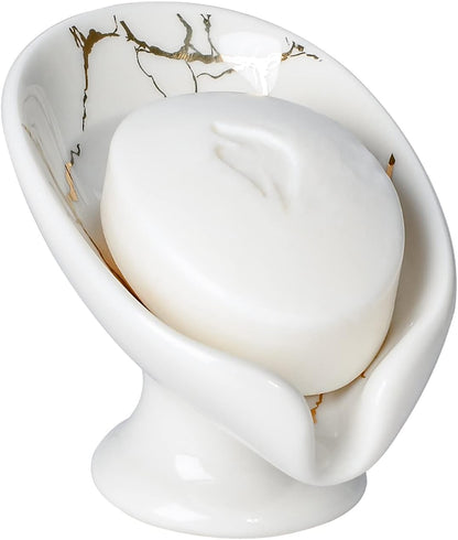 Small Soap Dish, Self Draining Bar Soap Holder for Bathroom Sink, Leaf Shaped Drainage Ceramic with Marble-Pattern Finish, Decorative Soap Dish, No Suction Cup, ANTIS'S HOME