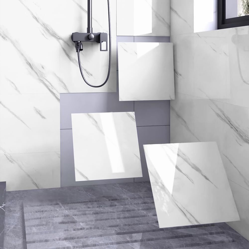 Chejiaye Shower Wall Panels Peel and Stick,Marble Wall Panels for Interior Decor,Backsplash Tile for Kitchen Showers Bathrooms Living Rooms 11.8"x11.8"in 10Pcs, Grey (Not Real Tile,9.7 Sq.ft)