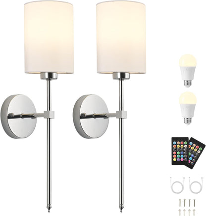 Battery Operated Wall Sconces Set of Two,Wireless Rechargeable Wall Light With Remote Control, Dimmable, Amber Light/Warm White/Natural White/Daylight/RGB, Timer,for Living Room,Bedroom,Entryway,Gold