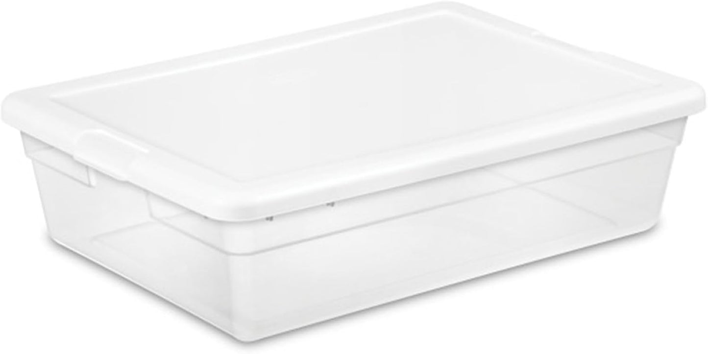 Sterilite 6 Pack Storage Box, 41 Quart Stackable Tote, Clear Plastic Container with Secure Snapping White Lids for Home and Office Organization