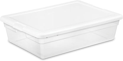Sterilite 6 Pack Storage Box, 41 Quart Stackable Tote, Clear Plastic Container with Secure Snapping White Lids for Home and Office Organization