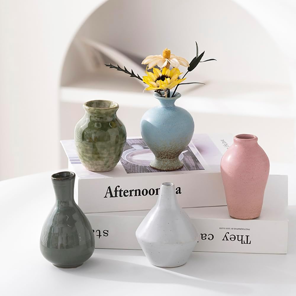 Set of 5 Ceramic Bud Vase - Home Decor Dried Flower Arrangement Small Vase, Gradient Glaze Design, Home, Living Room, Dining Table, Farmhouse, Office Decor, Bedroom, Housewarming Gift Set.