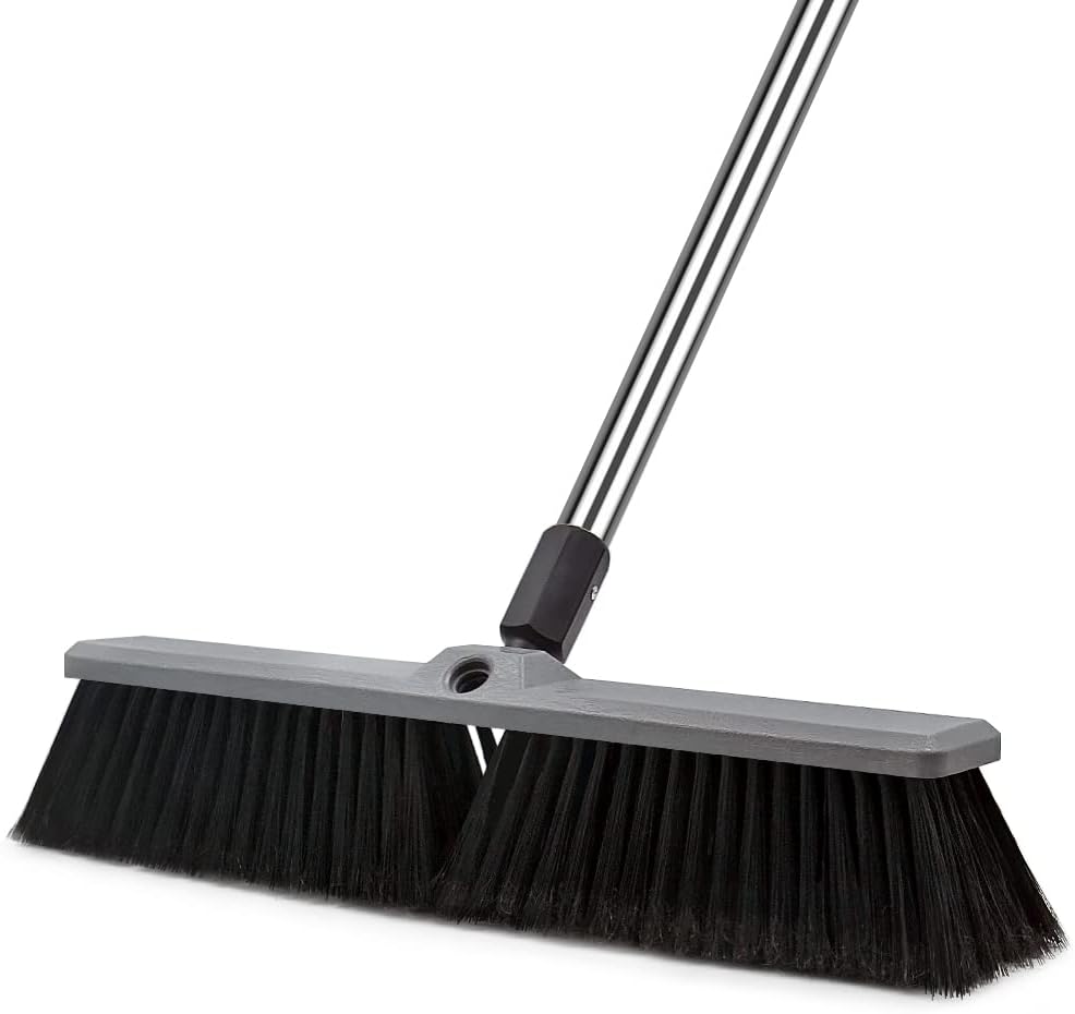 18 Inch Push Broom Brush Outdoor Heavy Duty Broom Stiff Bristles Commercial Outdoor Broom Brush for Cleaning Garage Driveway Yard Patio Deck Concrete Wood Stone Floor with 63" Long Handle