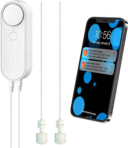 Water Level Leak Alarm with 16.4Ft 2 Sensors,120dB Strobe, Metal | 9V Battery-Powered, Dual Sensors Float Switch and Leak Probe, Adjustable Volume, For Sump Pump Dishwasher Under Sink Basement