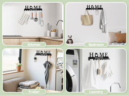 Key Holder Wall Mount, Adhesive Metal Key Hanger with 6 Double Hooks, 2 Installation Methods, Black