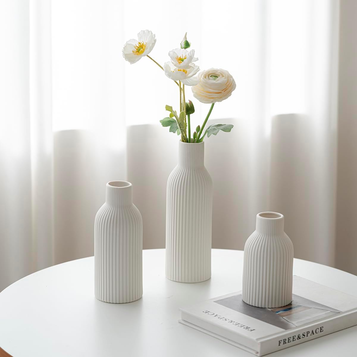 Modern Ceramic Vases Set of 3, Coffee Table Ribbed Decorative Vases, Shelf Table Centerpiece for Home Decor (Coffee Mix)