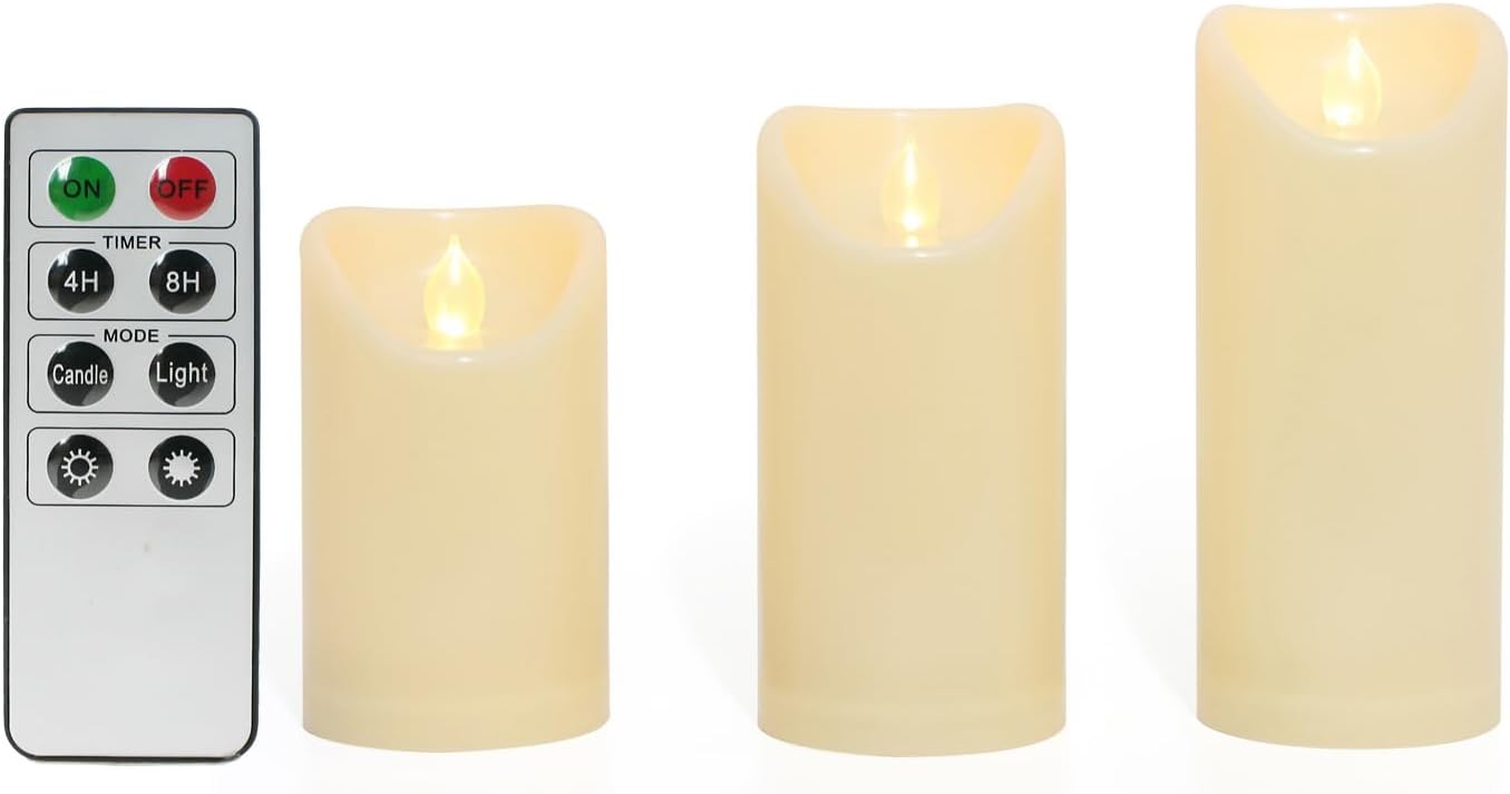 CANDLE CHOICE Waterproof Outdoor Battery Operated Flameless Candles with Remote Timer Plastic Flickering Fake Electric LED Pillars for Lantern Garden Wedding Christmas Decorations 3x4 Inches 3 PCS
