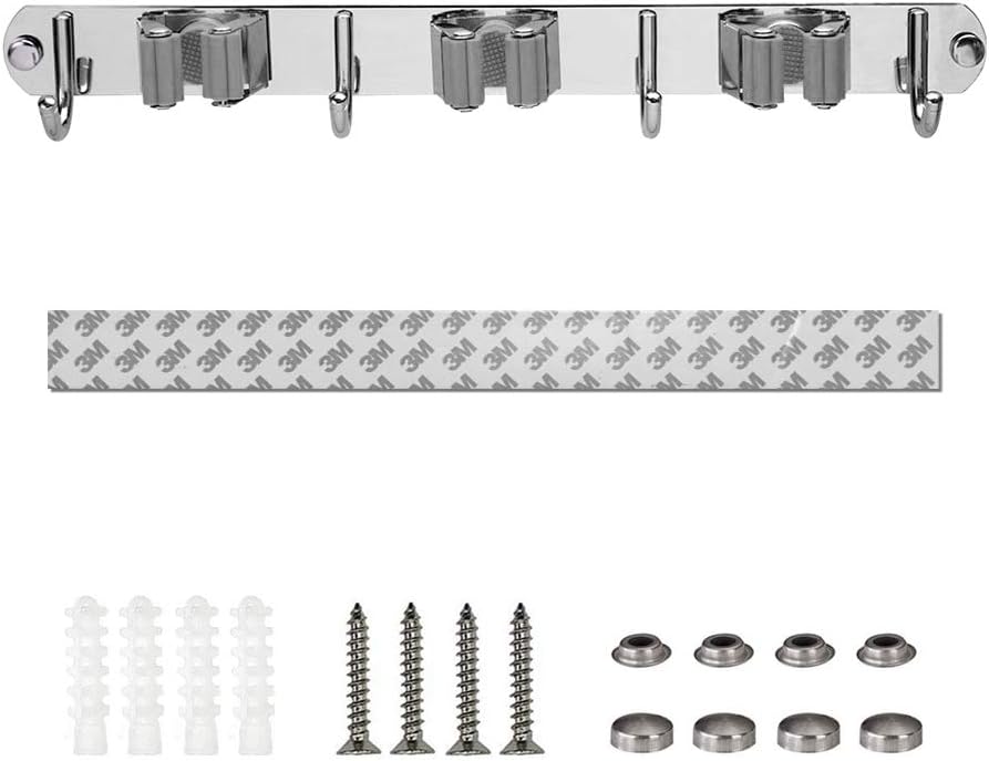 Broom Closet Organizer Wall Mounted, Fyrcomft Heavy Duty Stainless Easy Install Broom Mop Holder with 3 Racks 4 Hooks (Grey)