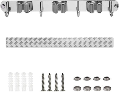 Broom Closet Organizer Wall Mounted, Fyrcomft Heavy Duty Stainless Easy Install Broom Mop Holder with 3 Racks 4 Hooks (Grey)