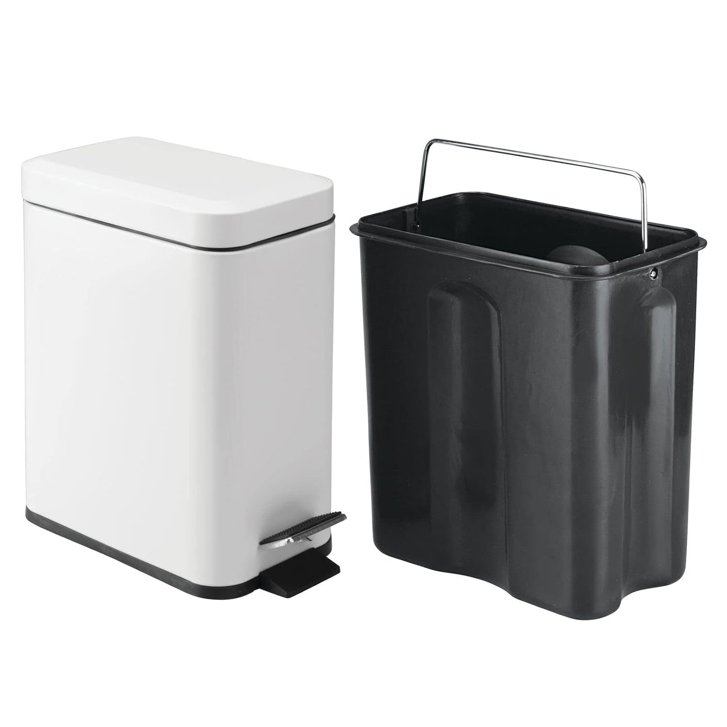 mDesign Metal Freestanding Slim Toilet Bowl Brush and Holder + Rectangle Narrow 5 Liter / 1.3 Gallon Step Pedal Trash Can Wastebasket for Bathroom - Small, Compact Design - Set of 2 - Brushed/Chrome