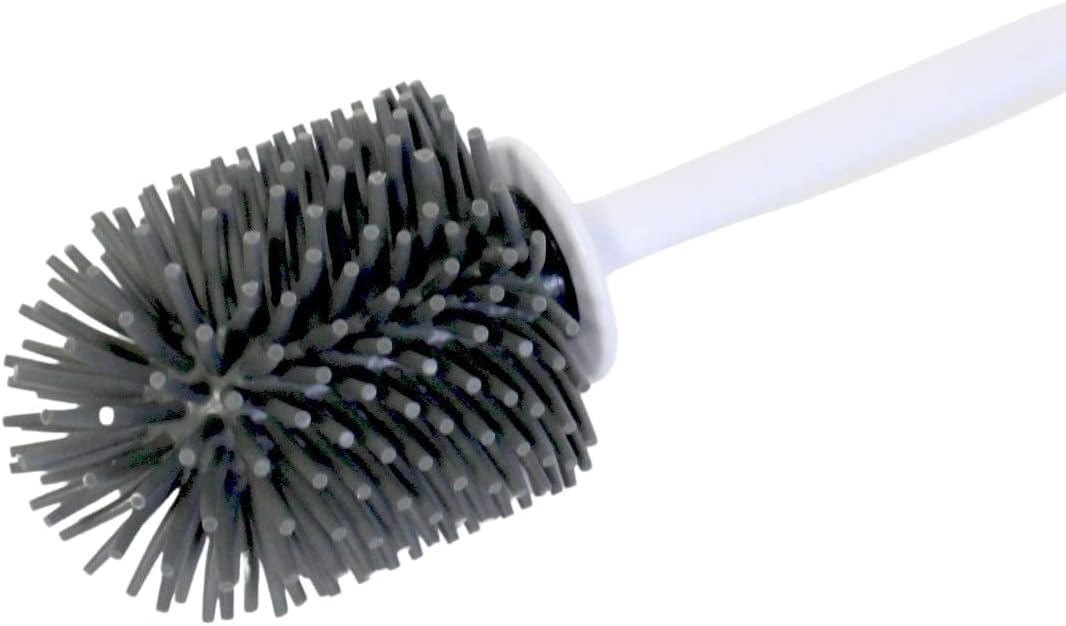 Silicone Toilet Brush with Holder – Wall-Mounted or Freestanding, No-Drill Adhesive Mount, Fast-Drying Ventilated Design with Drip Tray – Long Handle for Deep Cleaning, Compact for Small Bathrooms