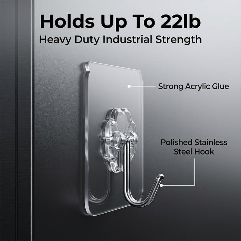 10pcs Heavy Duty Wall Hooks, Adhesive Hooks for Hanging, Waterproof and Oilproof Sticky Hooks, Transparent Self Adhesive Hooks for Bathroom Kitchen Door