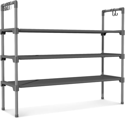 LANTEFUL 3 Tier Shoe Rack for Closet, Shoe Organizer with 5 Hooks, Long Shoe Shelf Storage for Sneaker and Boot Stackable Free Standing Shoe Rack for Entryway, Garage, Small Spaces, Dorm