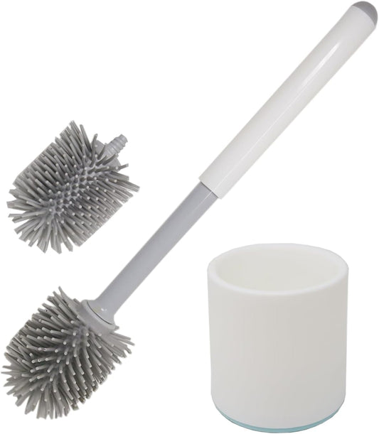 Don Aslett Silicone Toilet Bowl Brush Set (Gray) Includes Slim Brush Holder, Sturdy Handle, & 2 Replacement Heads with Durable Silicone Bristles | Easy to Clean & Compact Toilet Scrubber for Bathroom