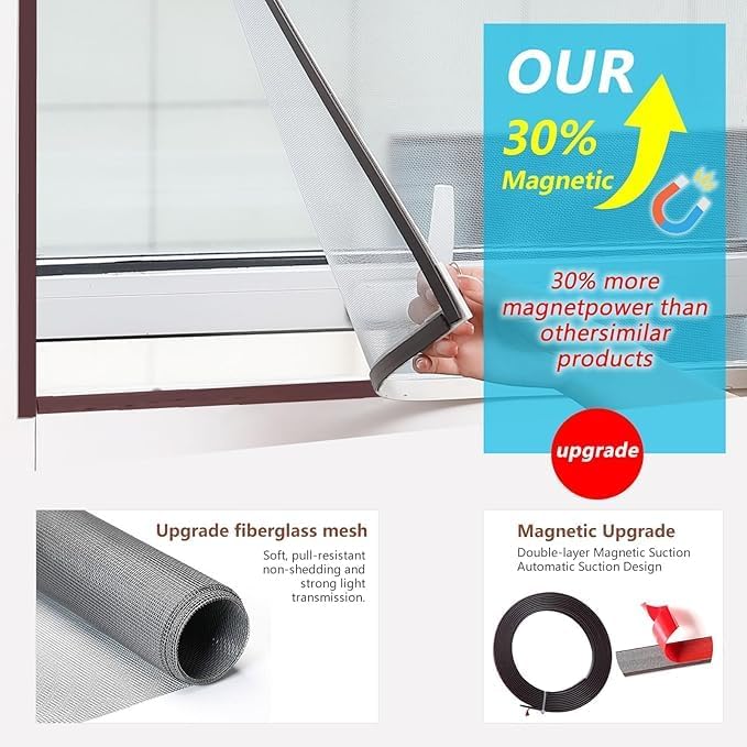 DIY Magnetic Window Screen with Adjustable Size | Easy and Fast Installation, Window Screen net kit White Frame with Gray Fiberglass mesh