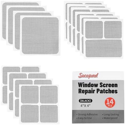 Secopad 14 Sheets 3 Size Window Screen Patches and 2 in X 15 FT Window Screen Repair Tape, Black