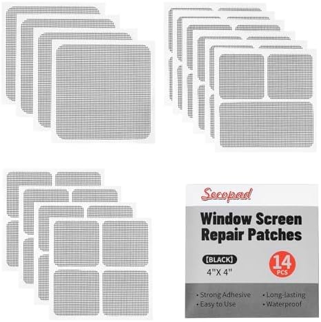Secopad 14 Sheets 3 Size Window Screen Patches and 2 in X 15 FT Window Screen Repair Tape, Black