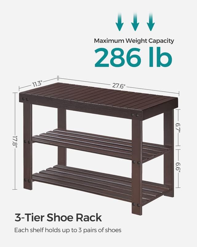SONGMICS Shoe Rack Bench, 3-Tier Bamboo Shoe Storage Organizer, Entryway Bench, Holds Up to 286 lb, 11.3 x 27.6 x 17.8 Inches, for Entryway Bathroom Bedroom, Ink Black ULBS04H