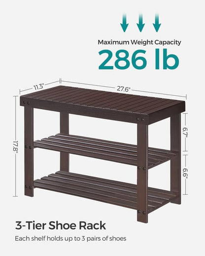 SONGMICS Shoe Rack Bench, 3-Tier Bamboo Shoe Storage Organizer, Entryway Bench, Holds Up to 286 lb, 11.3 x 27.6 x 17.8 Inches, for Entryway Bathroom Bedroom, Ink Black ULBS04H