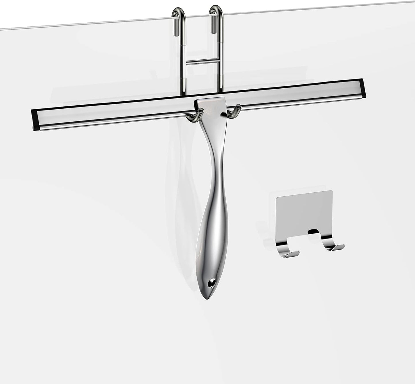 Shower Squeegee and Window Squeegee, Stainless Steel, 100% Streak-Free, Cleaner for Bathroom Showers Glass Doors, Home Mirrors, Car Windows Wiper, Adhesive Holder, Shower Door Hook, 10 Inch, Silver