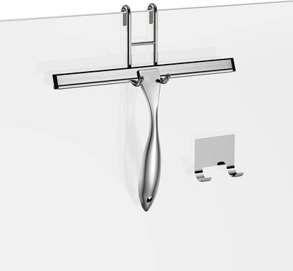 Shower Squeegee and Window Squeegee, Stainless Steel, 100% Streak-Free, Cleaner for Bathroom Showers Glass Doors, Home Mirrors, Car Windows Wiper, Adhesive Holder, Shower Door Hook, 10 Inch, Silver