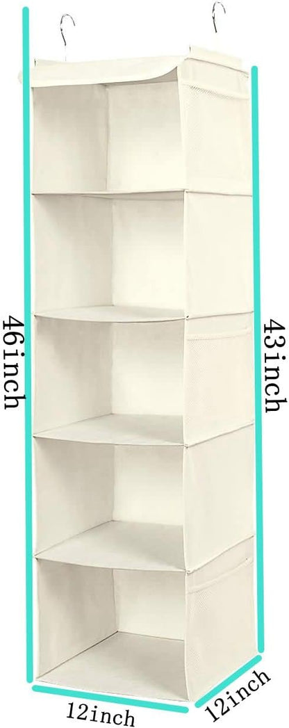 BrilliantJo 2 Pack Hanging Closet Organizer, 5 Shelves Hanging Storage with 6 Side Pockets for Clothes Shoes, 43"x12"x12"(Black)