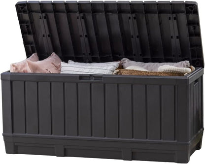 Keter Kentwood 92 Gallon Resin Deck Box-Organization and Storage for Patio Furniture Outdoor Cushions, Throw Pillows, Garden Tools and Pool Floats, Brown
