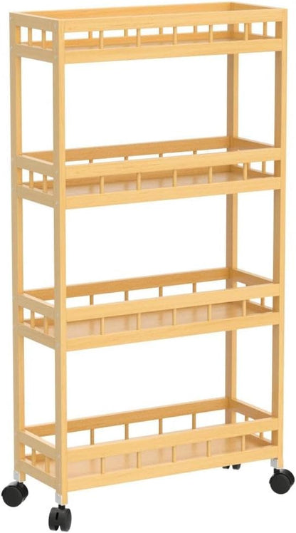 4-Tier Bamboo Kitchen Rolling Cart Removable Wood Trolley Island Cart, Utility Cart Multi-Layer Storage Shelf Rack on Wheels (19.7" L X 7.1" W X37.8 H)
