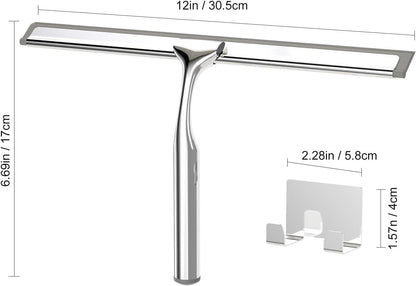 Stainless Steel Shower Squeegee for Glass Doors, Multi-Purpose Squeegee for Shower Glass, Bathroom and Car Windows, Squeegee with Adhesive Hook-10”, Black