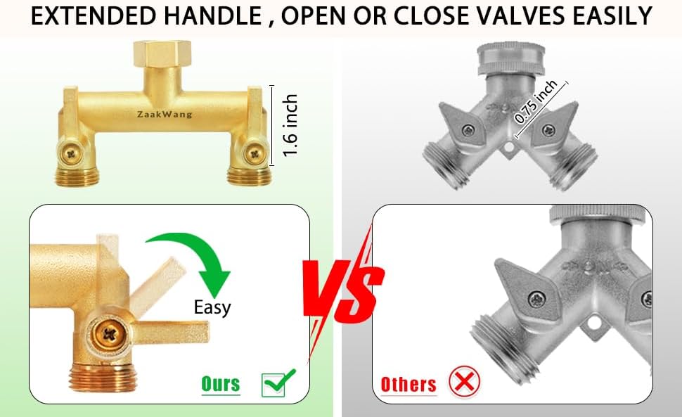 Heavy Duty Brass 2-Way Garden Hose Splitter, 3/4" GHT Threads, Metal Shutoff Valve, Long Handle