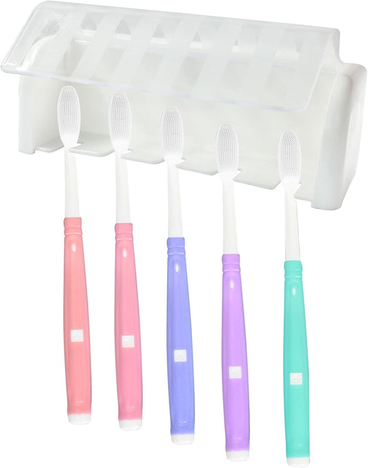 Zorfeter 5 Slots White Wall Mounted with Cover Toothbrush Holder, Toothbrush Storage Organizer Self Adhesive Hanger Rack, Toothbrush Hanger Stand for Bathroom/Cabinet/Dorm