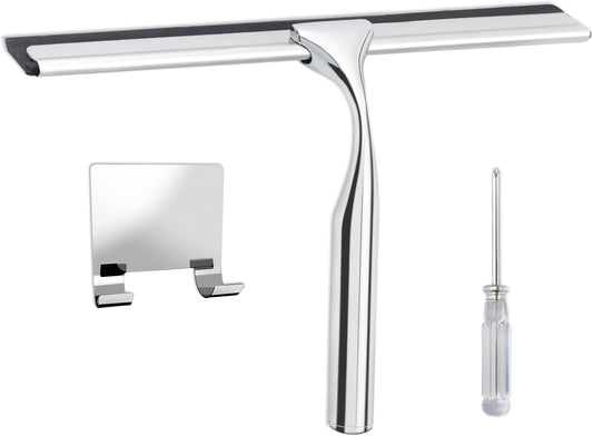 Shower Squeegee for Glass Doors,Stainless Steel Shower Door Squeegee,Windows, Mirrors, Car Windows, Tile Shower Walls, 10 Inch Silver,Durable Includes Shower Door Adhesive Hook