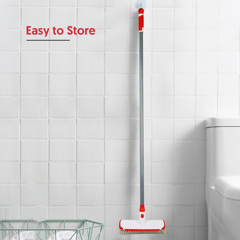 Floor Scrubber with Long Handle, 2 in 1 Scrubbing Brush Stiff Bristle Shower Cleaning Brush for Bathroom, Kitchen, Tub, Carpet, Grout, Tile(Red)