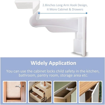 Invisible Baby Proofing Cabinet Latch Locks, 10 Pack, No Drilling or Tools Required, Works with Most Cabinets and Drawers, Countertop Overhangs, Highly Secure