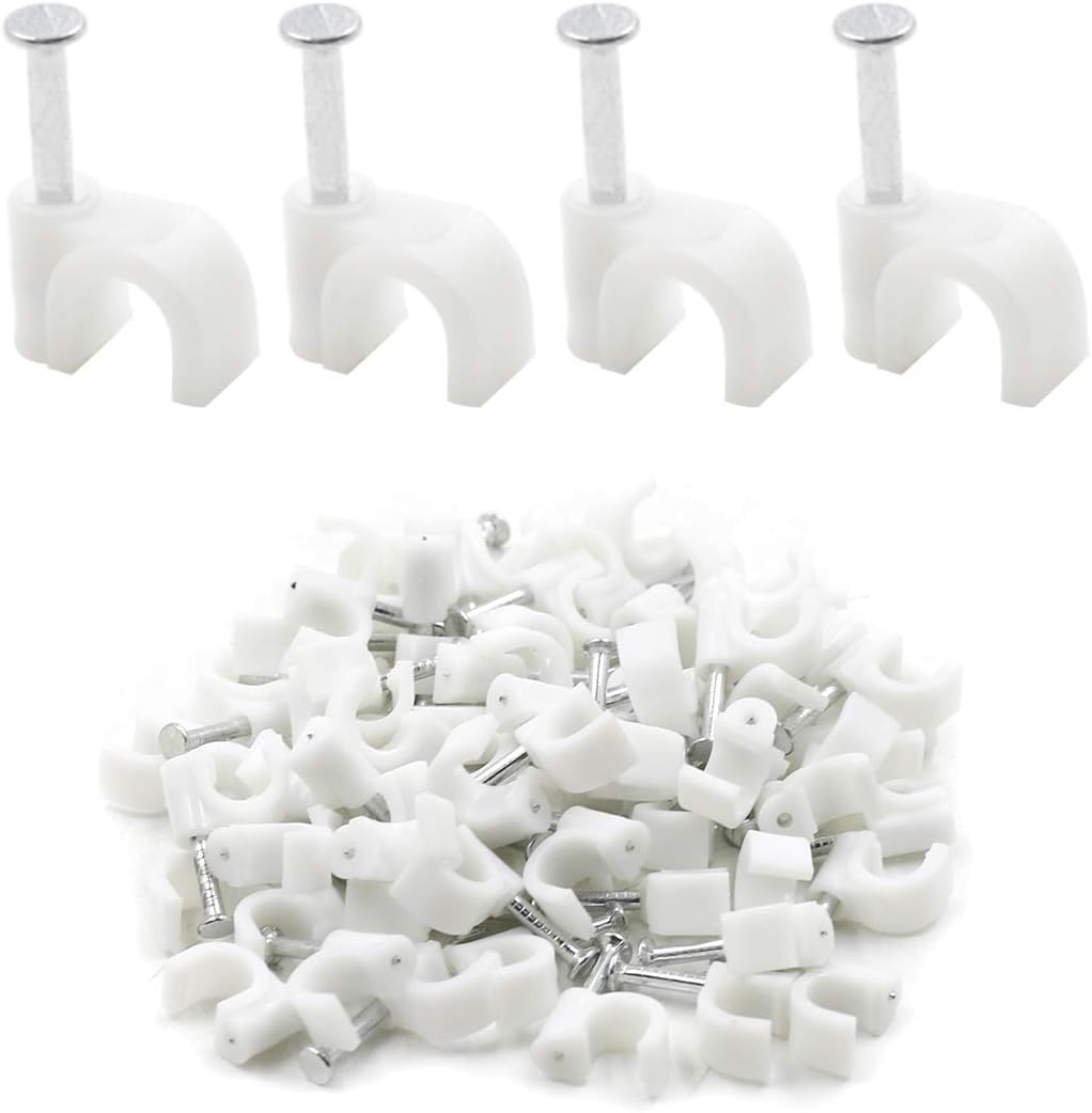 Flat Ethernet Cable Wire Clips with Nail, 14mm, White | Single Coaxial Cable Clamps, Cable Management